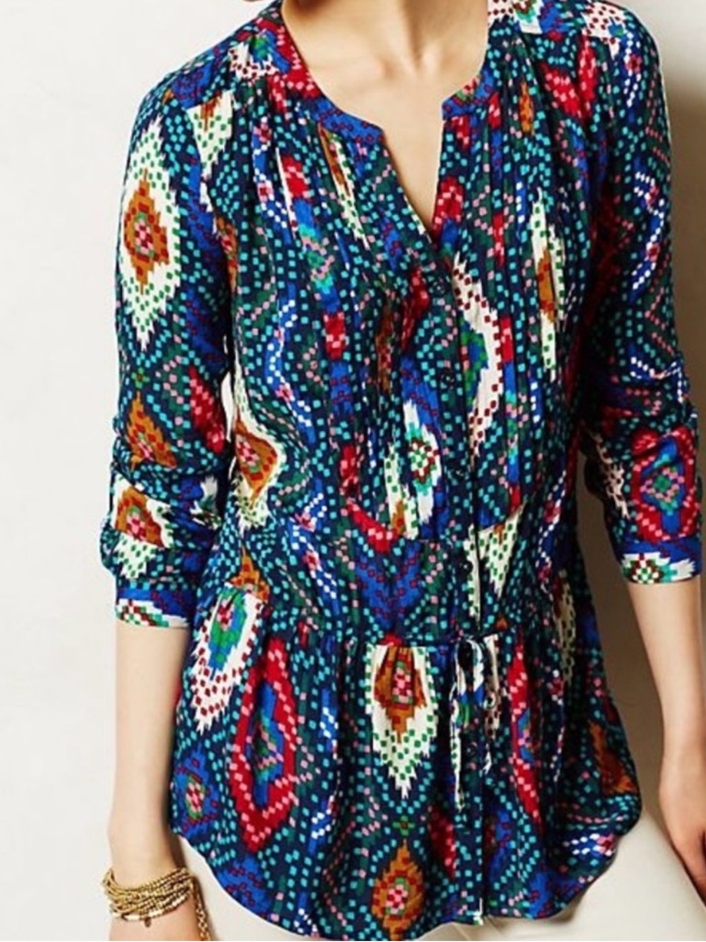 LIKE NEW  Anthropologie Maeve 4 Topoxte Ikat Tunic multicolor Blouse w Tie waist